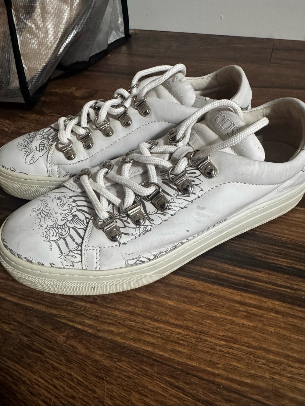 TOD'S White Leather Sneakers Womens Limited Edition Tattoo Sneakers